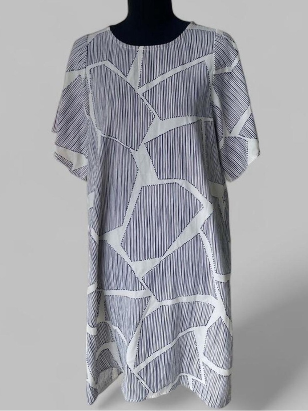 Mary Square - Striped Geometric Shift Dress - Navy and White